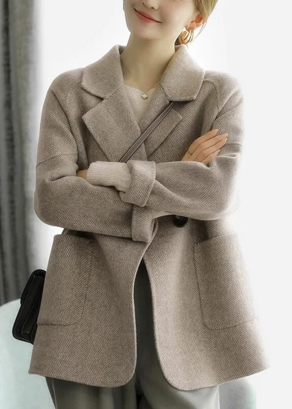 Original Design Khaki Lapel Pockets Woolen Coats Fall Plush Faux Fur Bolero