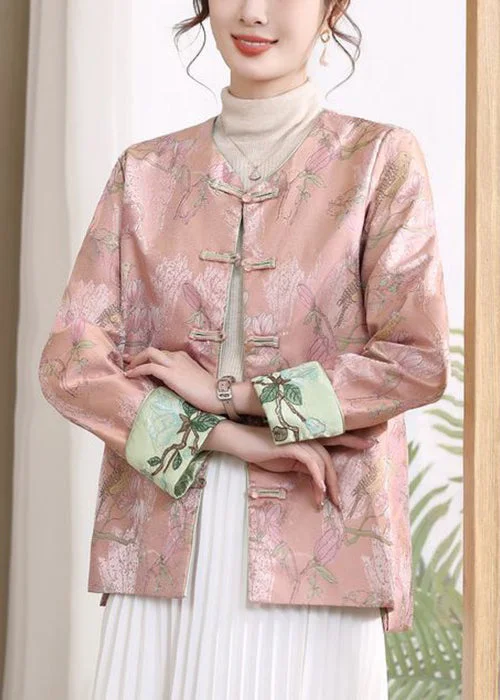 Pink Button Print Silk Coats V Neck Long Sleeve Velvet Evening Cape