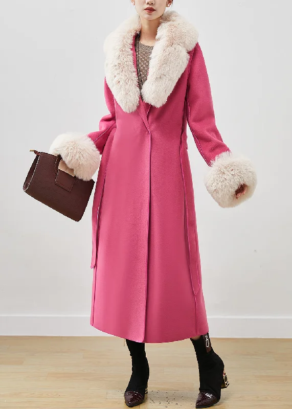 Pink Silm Fit Woolen Coat Outwear Fur Collar Tie Waist  Fall Fleece Lined Windbreaker