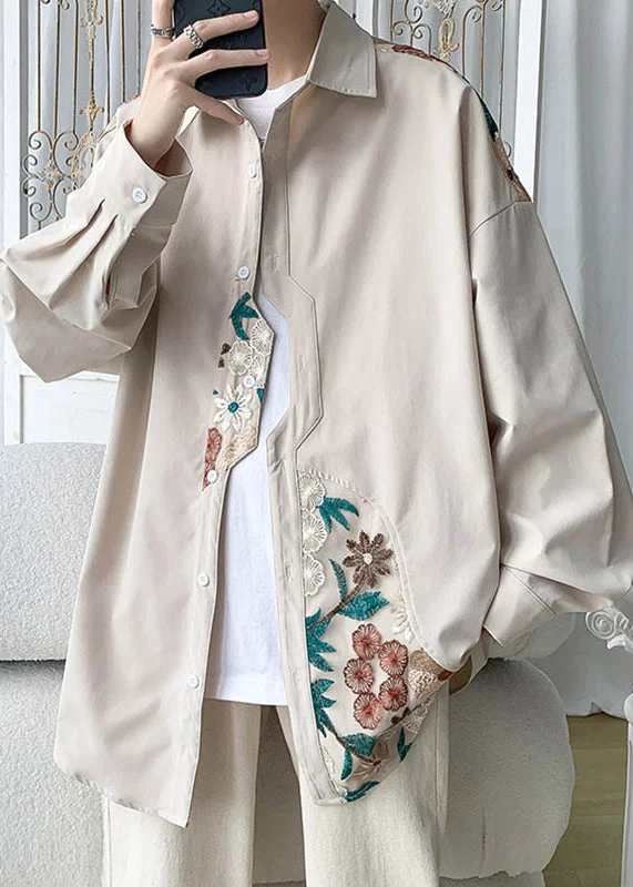 Plus Size Beige Embroidered Button Cotton Neutral Coats Spring Boho Fringe Cardigan