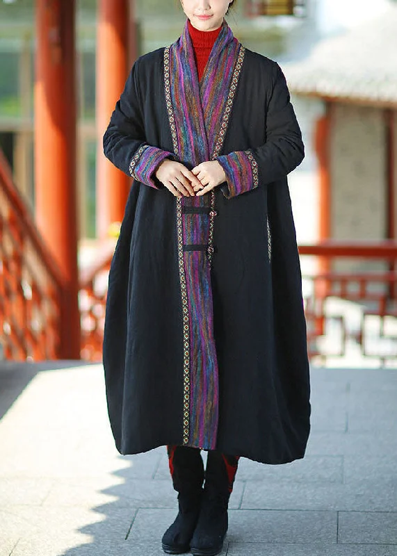 Plus Size Black V Neck Patchwork Fine Cotton Filled Long Coats Winter High-Collar Puffer Coat