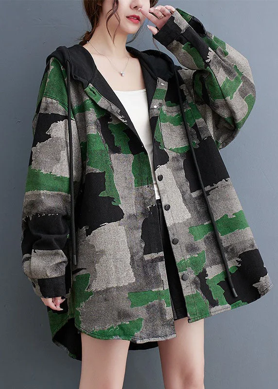 Plus Size Camouflage Print Wrinkled Hooded Coats Long Sleeve Knit Longline Duster