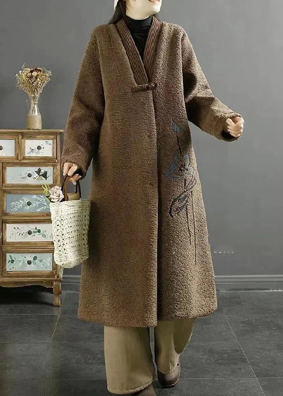 Plus Size Chocolate Embroideried Chinese Button Faux Fur Coats Winter Relaxed Utility Shacket