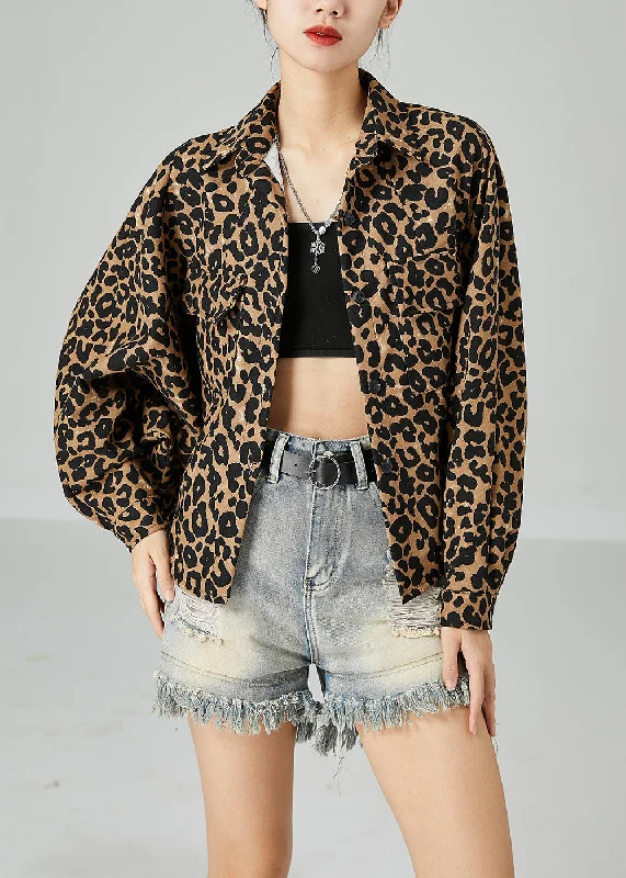 Plus Size Khaki Oversized Leopard Print Cotton Coat Batwing Sleeve Fur-Lined Aviator Coat