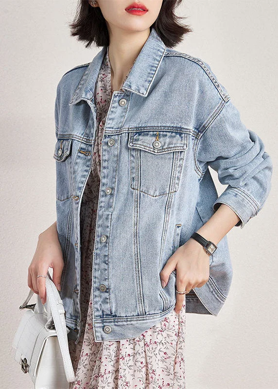 Plus Size Light Blue Peter Pan Collar Oversized Pockets Denim Coats Spring Button-Up Cardigan Coat