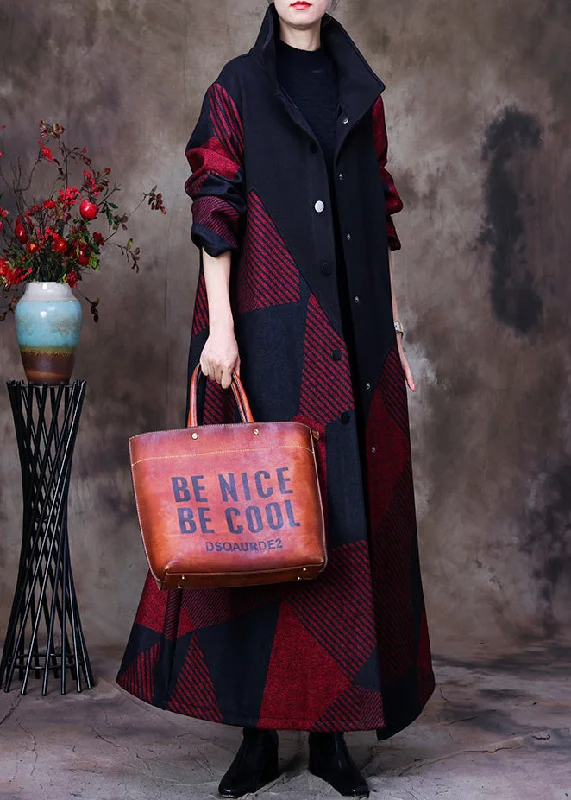 Plus Size Mulberry Stand Collar Asymmetrical Patchwork Button Woolen Maxi Coat Long Sleeve Adjustable Waist Parka