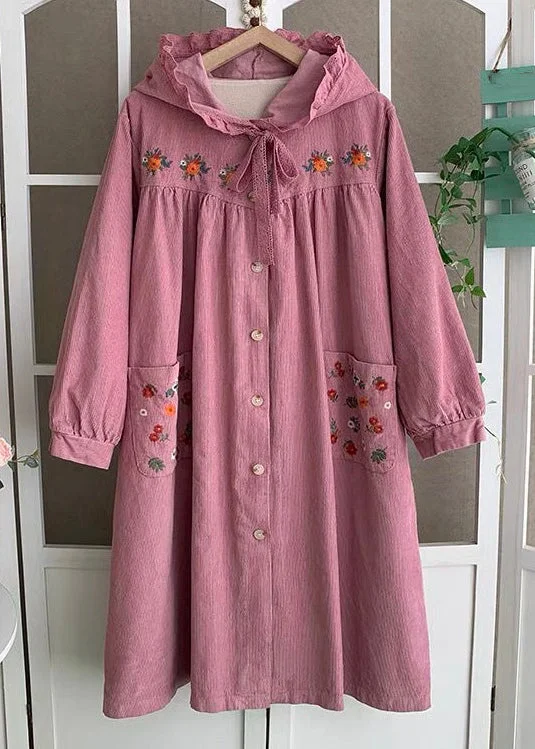 Plus Size Pink Hooded Embroideried Lace Up Cotton Long Coats Spring Puff Sleeve Overcoat