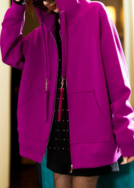 Plus Size Purple Hooded Zippered Pockets Cotton Coats Spring Sporty Zip-Up Jacket