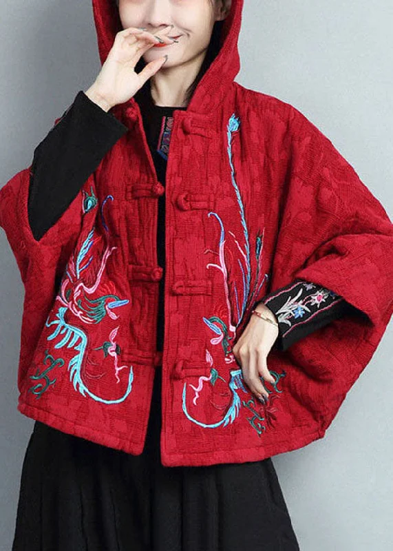 Plus Size Red Hooded Embroideried Warm Fleece Coat Batwing Sleeve Belted Midi-Length Coat