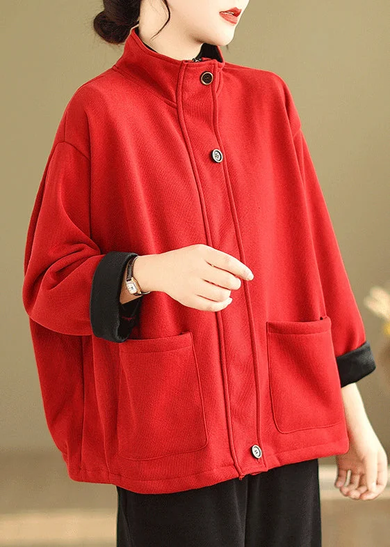 Red Button Loose Warm Fleece Coat Stand Collar Long Sleeve Ruched Sleeve Blazer