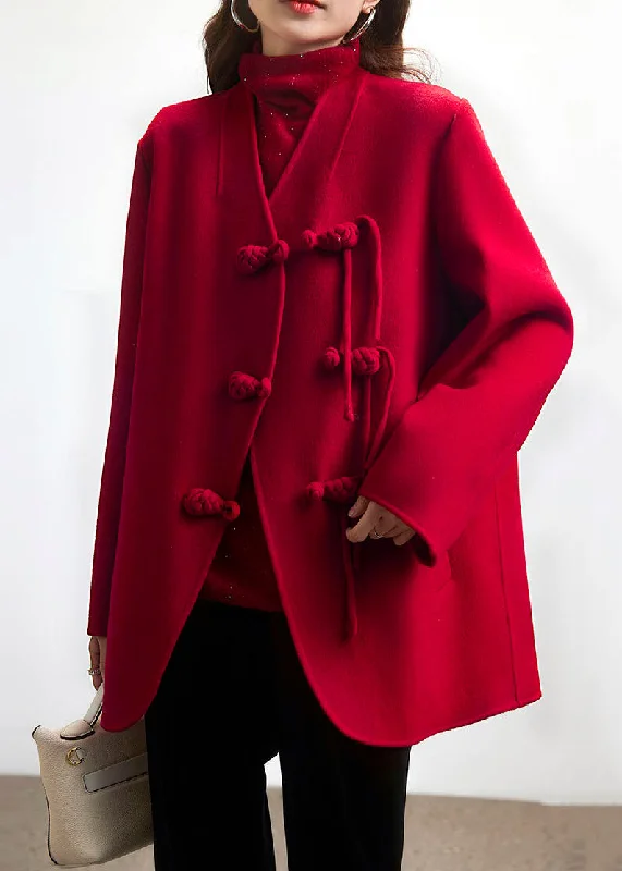 Red Button Patchwork Wool Coat V Neck Long Sleeve Fur-Lined Aviator Coat