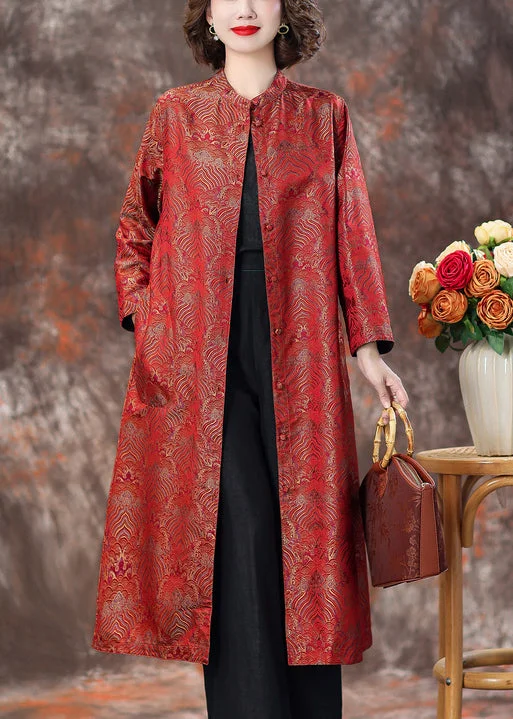 Red Stand Collar Button Silk Coats Spring Hooded Raincoat Women