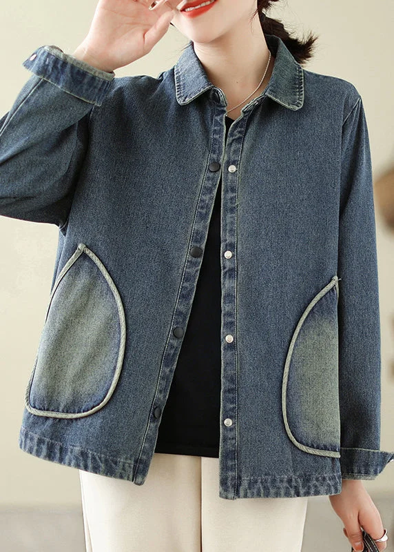 Retro Denim Blue Pockets Patchwork Coats Spring Zipper Front Biker Jacket