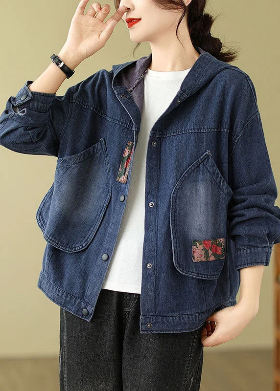 Retro Denim Blue Pockets Print Hooded Coats Fall Modern Asymmetric Coat