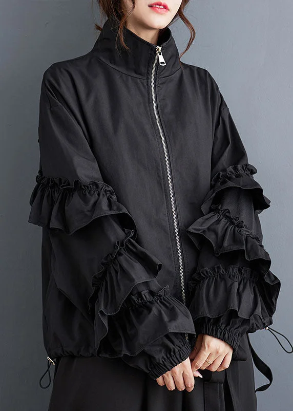 Simple Black Stand Collar Ruffled Patchwork Drawstring Zippered Coats Fall Plaid Checkered Coat