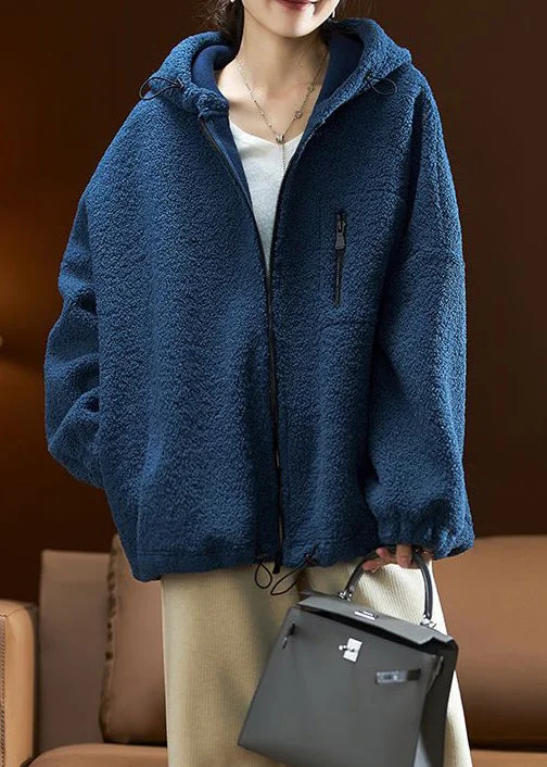 Simple Blue Hooded Pockets Drawstring Teddy Faux Fur Coats Long Sleeve Elegant Wool Jacket