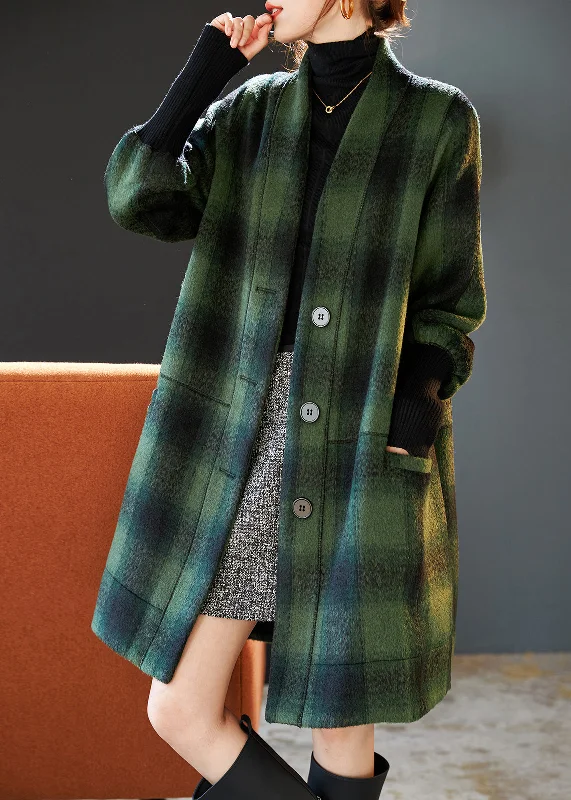 Simple Green V Neck Plaid Thick Woolen Coats Winter Pastel Wool Peacoat