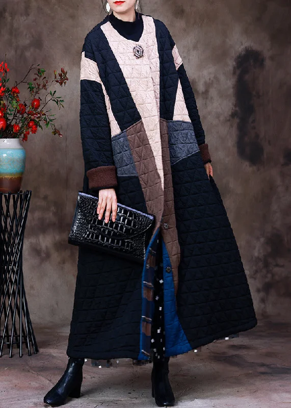 Style Apricot Black Colour Patchwork O-Neck Cotton Thick Long Coat Long Sleeve Chic Oversized Blazer