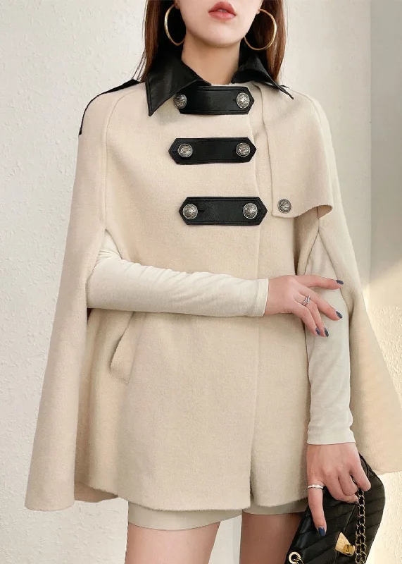 Style Beige Peter Pan Collar Faux Leather Patchwork Woolen Coats Cloak Sleeves Hooded Puffer Anorak