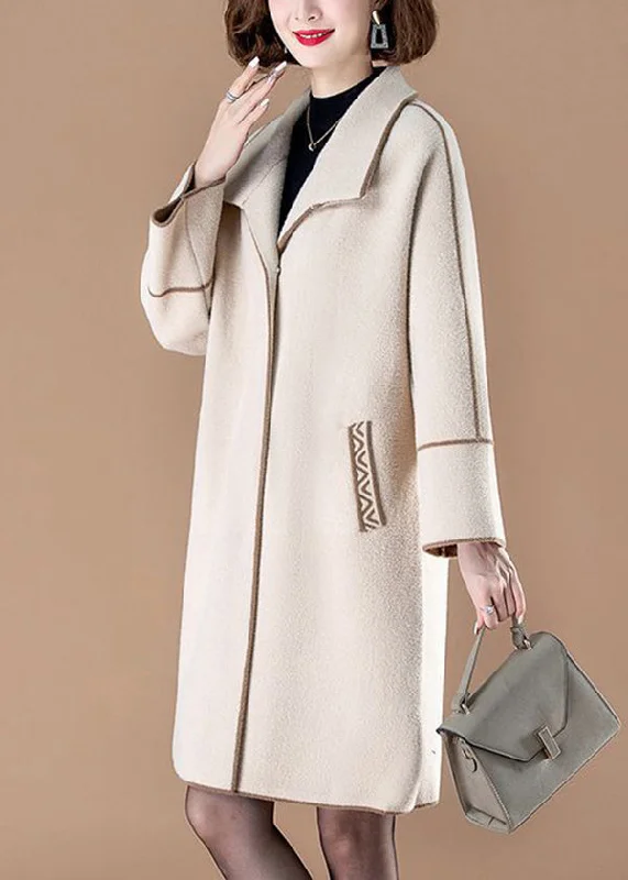 Stylish Beige Peter Pan Collar Patchwork Woolen Coats Winter Vegan Leather Trench