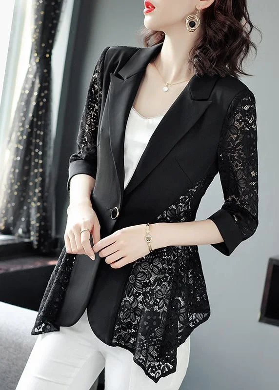 Stylish Black Notched Collar Lace Patchwork Hollow Out Spandex Coats Summer Hooded Parka Coat