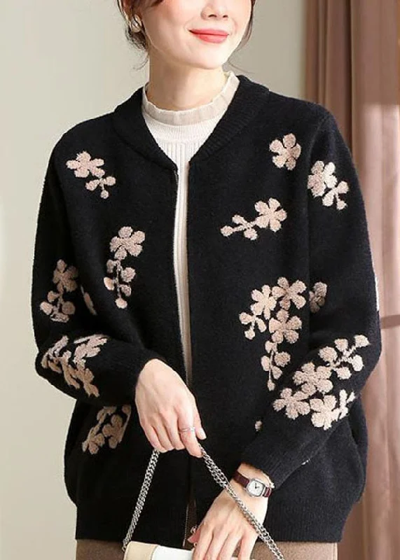 Stylish Black O-Neck Embroideried Teddy Knitted Coat Long Sleeve Structured Wool Blazer