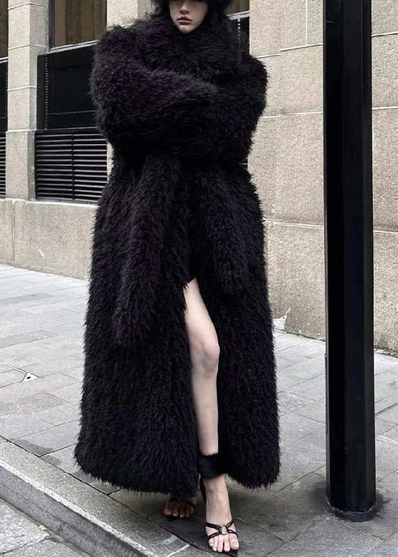 Stylish Black Tie Waist Patchwork Fuzzy Fur Fluffy Coat Winter Belted Wool Overcoat