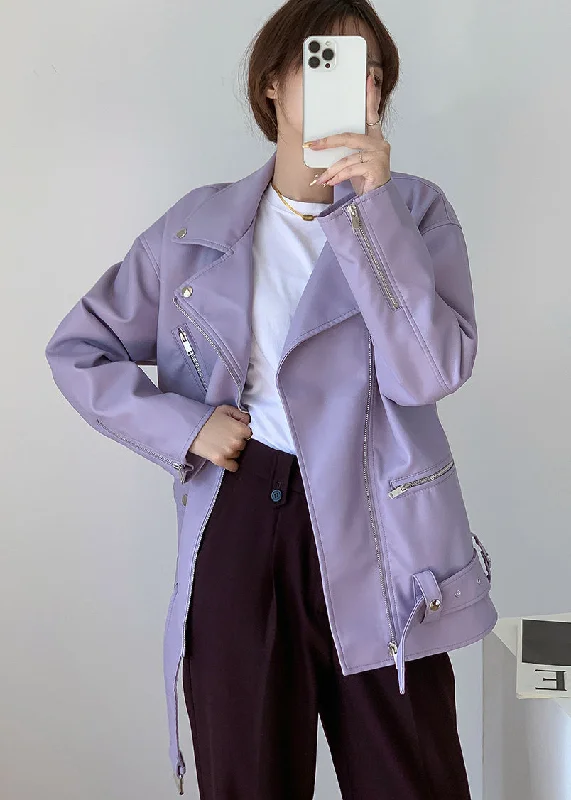 Stylish light Purple Zippered Pockets Patchwork Faux Leather Coats Fall Waterproof Hiking Jacket