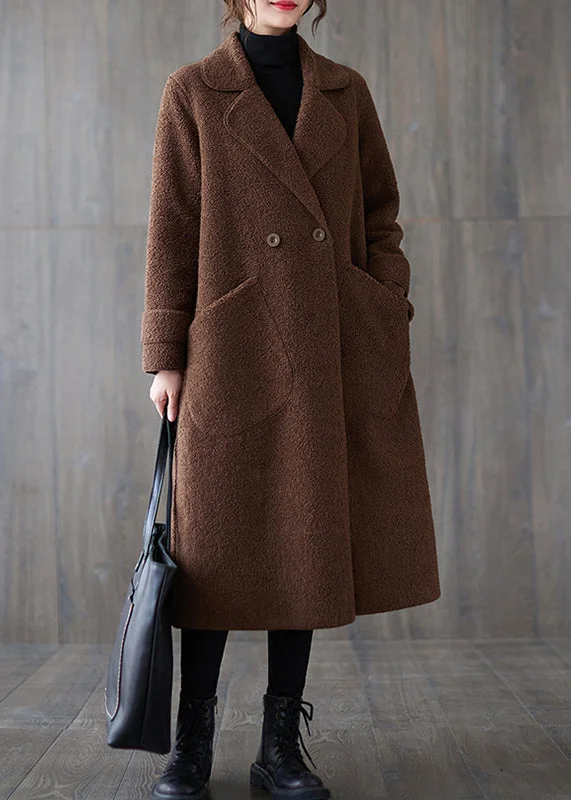 Stylish Versatile Coffee Notched Pockets Faux Fur Coats Winter A-Line Swing Coat