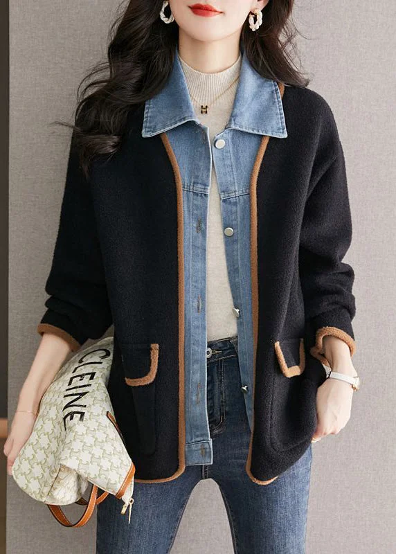 Unique Black Peter Pan Collar Denim Patchwork Woolen Fake Two Piece Coat Fall Luxury Cashmere Wrap