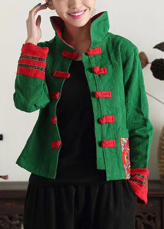 Unique Green Stand Collar Embroideried Patchwork Cotton Chinese Style Coats Spring Boho Fringe Cardigan