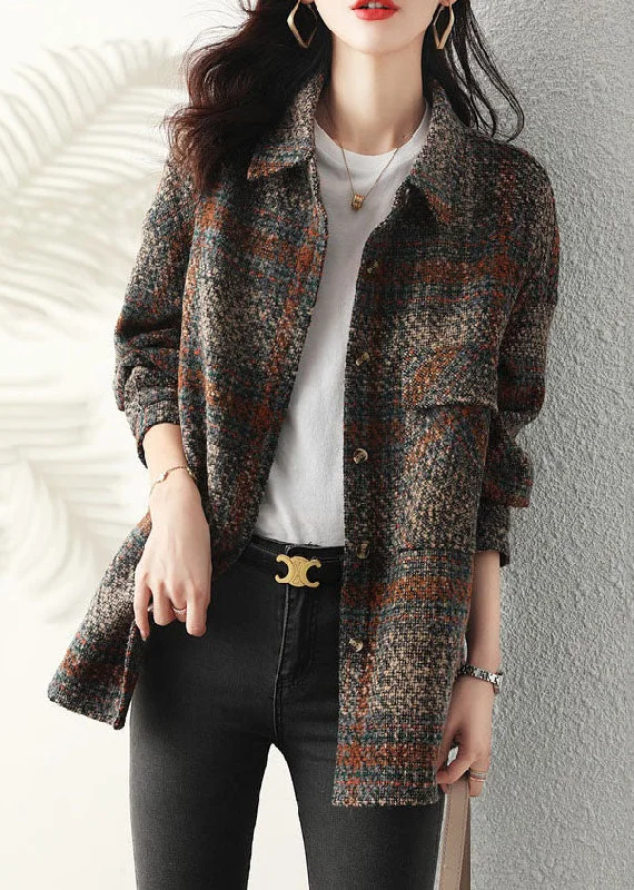 Unique Peter Pan Collar Plaid Button Thick Coat Long Sleeve Luxury Cashmere Wrap