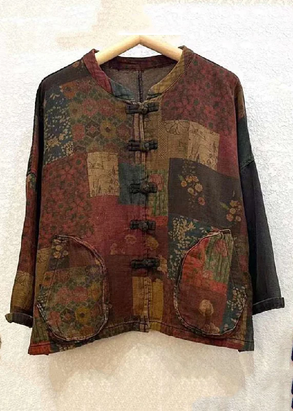 Vintage Print Button Patchwork Cotton Coat Long Sleeve Drape Front Waterfall Coat