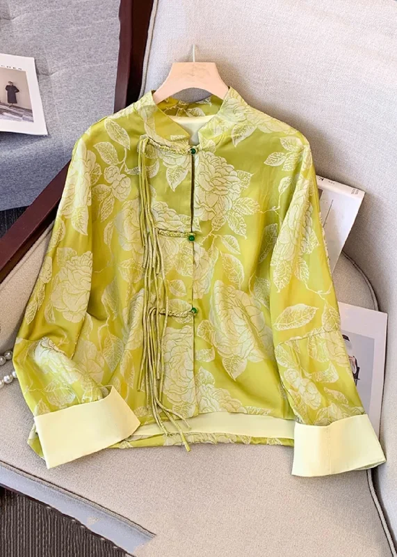 Vintage Yellow Tasseled Button Print Silk Coat Fall Fashionable Blazer Coat