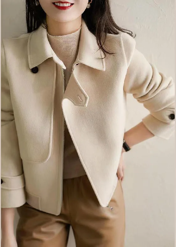 White Woolen Coat Outwear Asymmetrical Peter Pan Collar Fall Puff Shoulder Coat