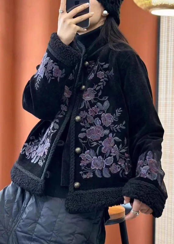 Women Black Embroideried Button Cotton Filled Coats Long Sleeve Flowy Lightweight Kimono