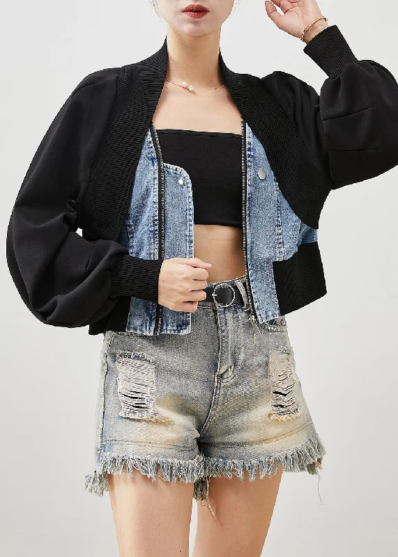 Women Black Oversized Patchwork Denim Fake Two Piece Coats Spring Cropped Tweed Jacket