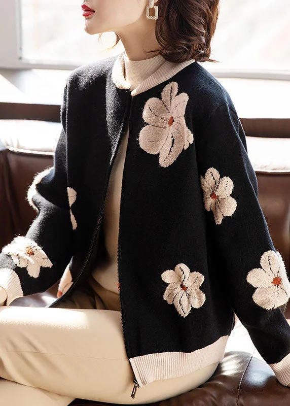 Women Black Stand Collar Embroideried Floral Woolen Coats Long Sleeve Puff Sleeve Overcoat