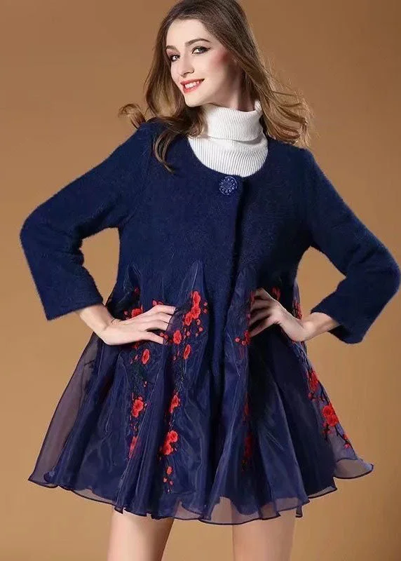 Women Blue Organza Patchwork Embroideried Wool Coats Winter Softshell Outdoor Jacket