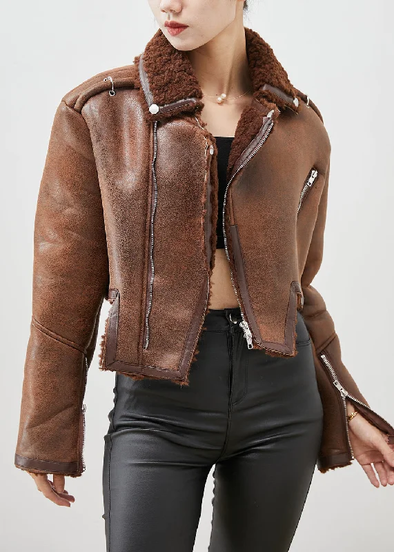 Women Brown Asymmetrical Zippered Faux Fur Coat Outwear Winter Functional Travel Jacket