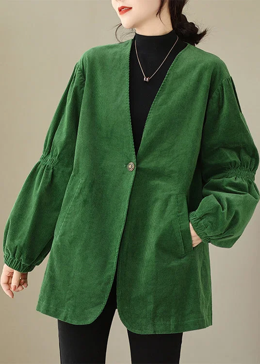 Women Green V Neck Button Pockets Corduroy Coats Fall High-Collar Puffer Coat