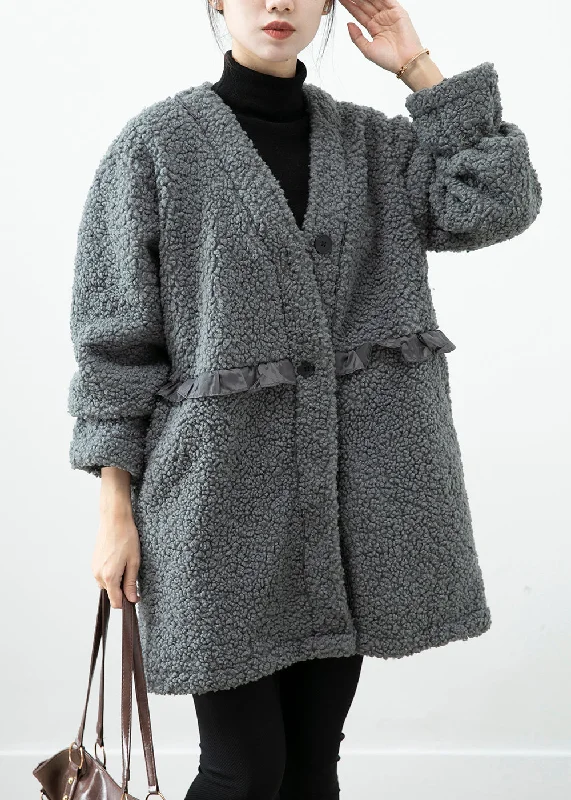 Women Grey Ruffled Patchwork Faux Fur Coat Winter Luxe Faux Fur Coat