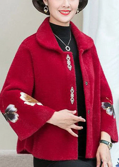 Women Red Embroideried Floral Thick Mink Hair Knitted Coats Winter Buttoned Peplum Coat