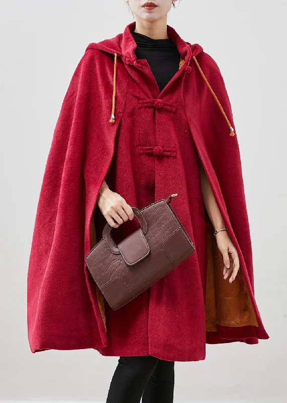 Women Red Hooded Chinese Button Warm Fleece Coats Cloak Sleeves Oversized Teddy Coat