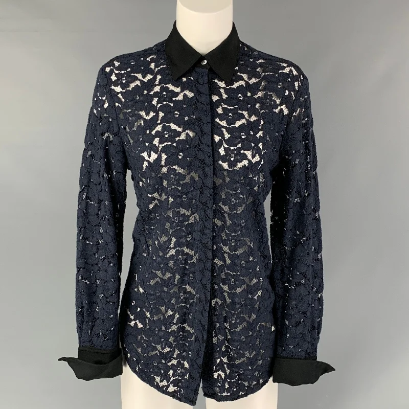 3.1 PHILLIP LIM Navy Lace Hidden Placket Size 4 Black Viscose Blend Shirt Asymmetrical Pockets Print