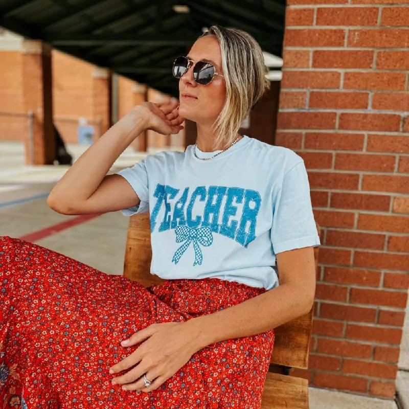 Blue Bow Teacher Tee - Chambray Fitted T-Shirt Seamless Stretchy