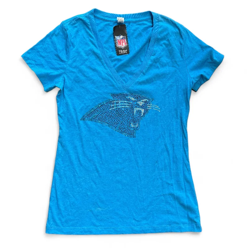 Carolina Panthers Women's Rhinestone Logo V-Neck T-Shirt - Blue Lace Blend Ribbed Blend Corduroy Blend