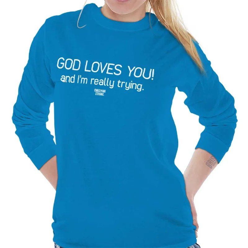 Christian Strong - God Loves You Printed Long Sleeve T-shirt Shirt Chenille Brocade Lace