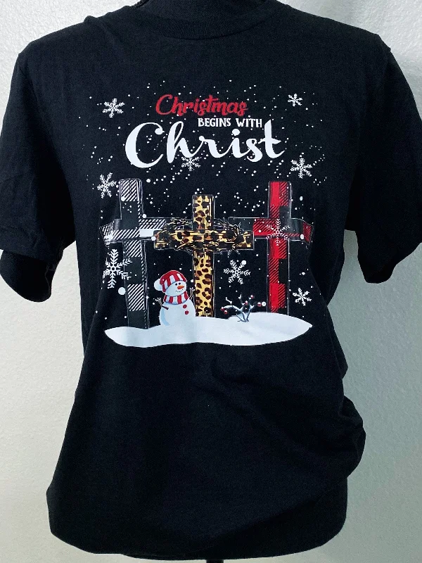 Christmas Begins With Christ Graphic Tee Front Pockets Side Pockets Patch Pockets