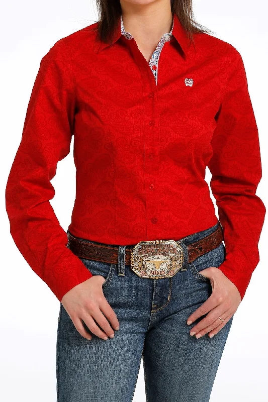 Cinch Ladies Button Down Western L/S Shirt - Red - MSW9165035 Collared Crew Neck Turtle Neck